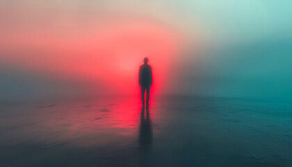 Solitary figure standing on a reflective surface at sunset with dreamy, colorful sky