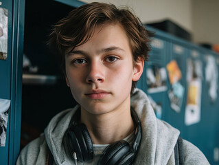 Serious student standing near school lockers