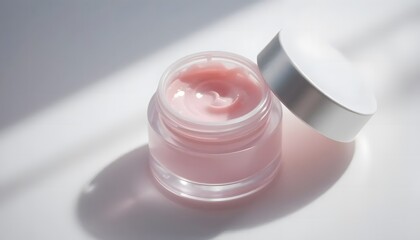Macro shot of cosmetic container with twist-off lid, pastel colors, soft shadowing on white background, beauty product photography style
