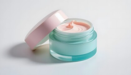 Macro shot of cosmetic container with twist-off lid, pastel colors, soft shadowing on white background, beauty product photography style