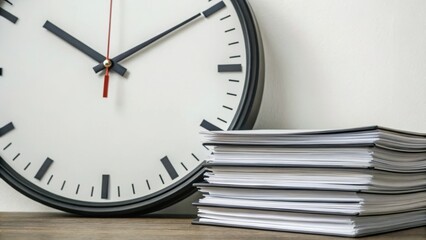 Clock beside a stacked pile of paperwork on a wooden surface, symbolizing time management and organization.