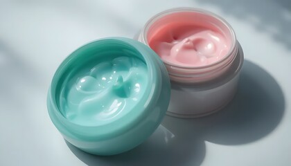 Macro shot of cosmetic container with twist-off lid, pastel colors, soft shadowing on white background, beauty product photography style