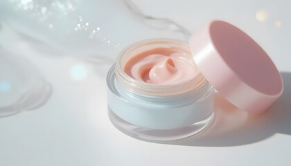 Macro shot of cosmetic container with twist-off lid, pastel colors, soft shadowing on white background, beauty product photography style