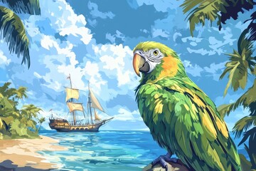 Crazy Bird Illustration. Pirate Parrot on Sailboat with Ocean and Pirate Ship in Background