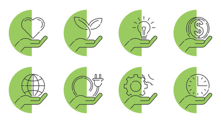 Hand holding diverse symbols - Web icons collection in thin line, semicircular shape