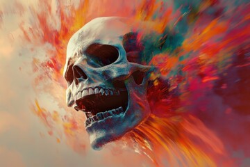 Crazy Skull. Horrifying Rainbow Twist with Mystic Grunge Art and Tattoo Style
