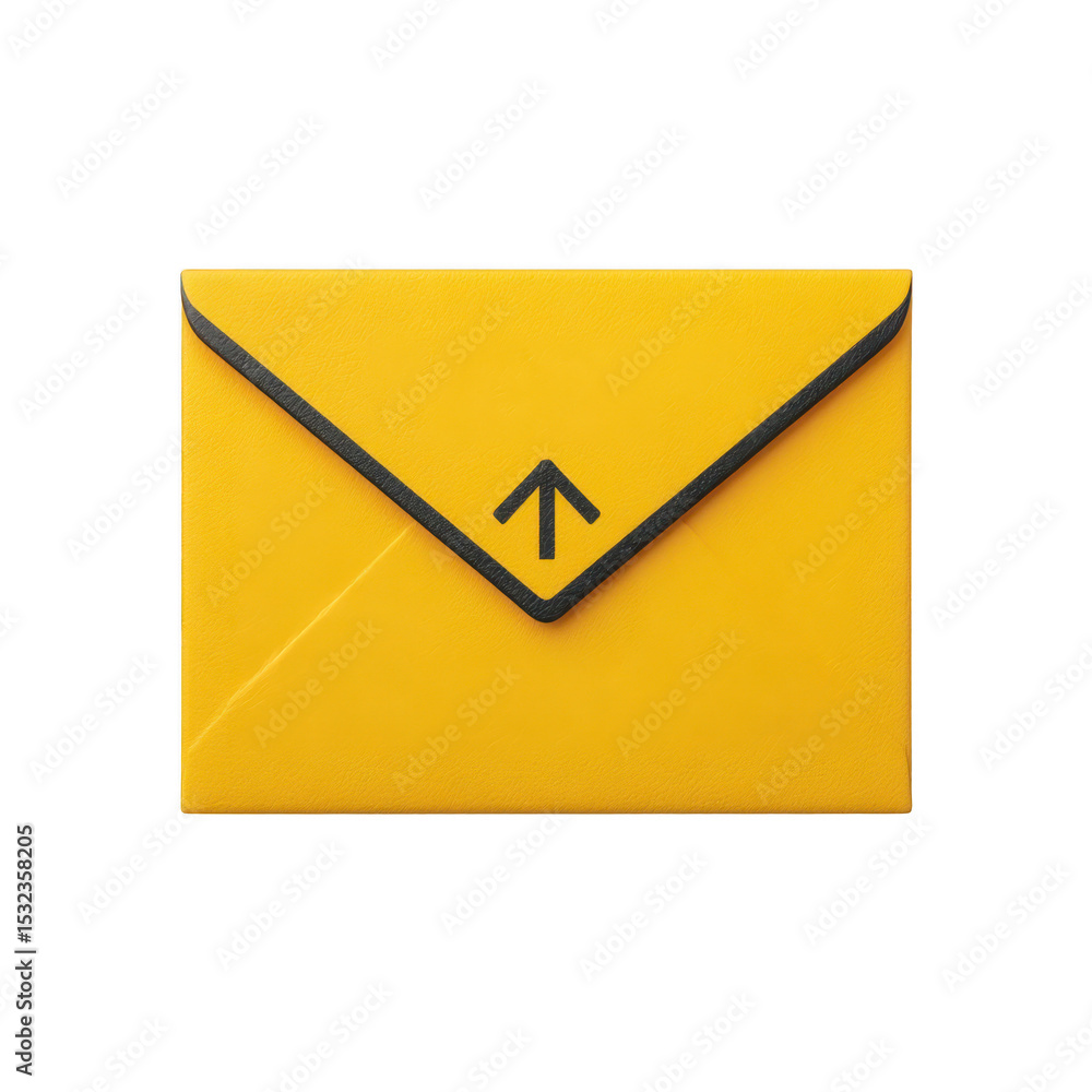 Poster yellow envelope with black arrow symbol on flap, suggesting upward movement or sending mail. envelop