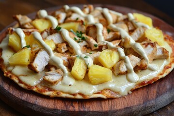 Cream Cheese Pizza. Closeup of Freshly Baked Hawaiian Pizza on Wooden Plate
