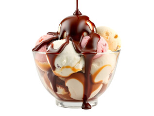 Delicious ice cream balls with chocolate syrup pouring into glass bowl