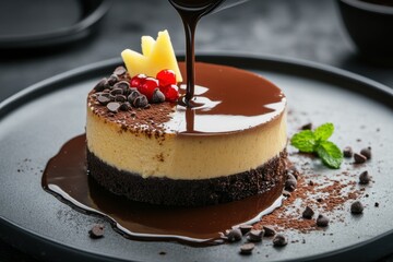 Cream Chocolate Mousse Layer. Closeup of Chocolate Sauce Being Poured onto Fresh Cake on Grey Table