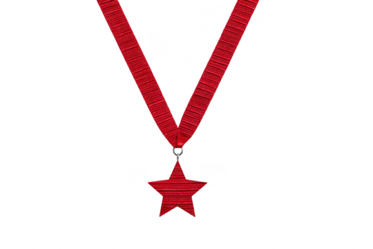 Red star shaped medal hangs from matching red ribbon, symbolizing achievement and honor. simple yet striking design conveys sense of pride and accomplishment - Powered by Adobe