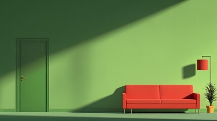 Minimalist Green Room with Red Sofa and Sunlight