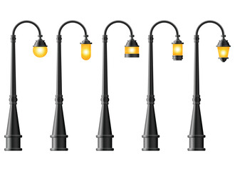 Naklejka premium A row of vintage-style streetlamps stand elegantly against a clean background, each emitting a warm glow and casting interesting shadows.