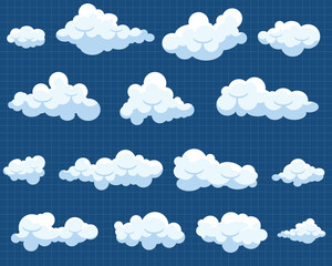 A digitally rendered image features an array of fluffy, white clouds against a dark blue backdrop adorned with a subtle grid pattern.