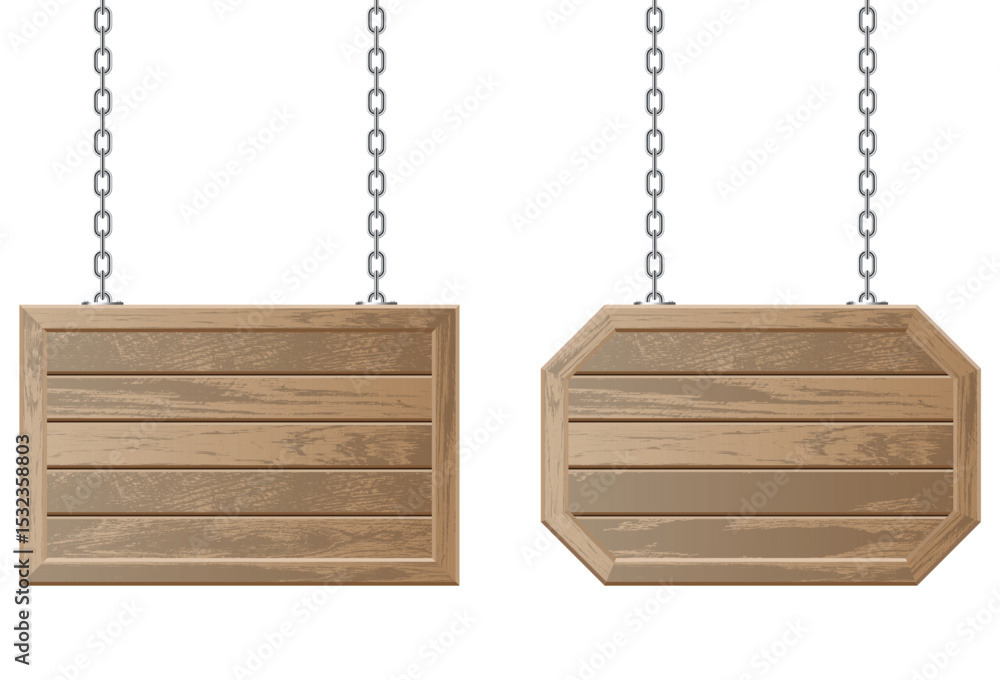 Poster two empty wooden signs hang from metal chains, providing a rustic touch perfect for custom messages.