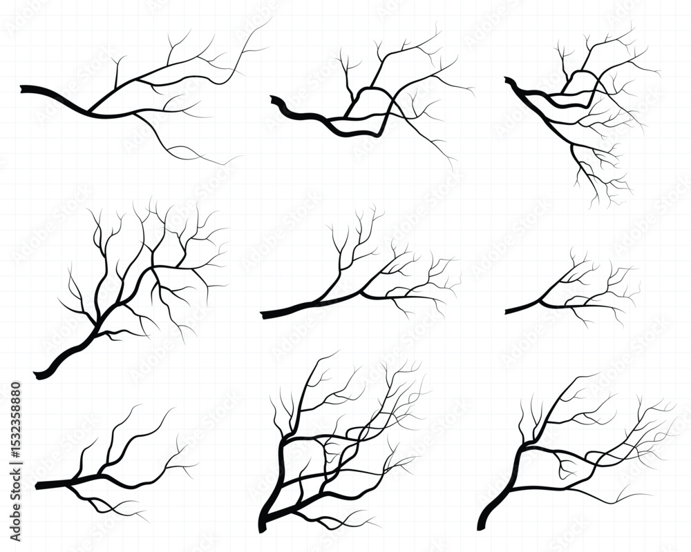Poster silhouetted tree branches isolated against a white background. various shapes and sizes of deciduous