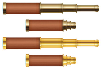 A collection of spyglasses, with a combination of gold and brown leather. These are vintage optical instruments for viewing distant objects.