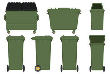 Different types of trash containers in various sizes, from large dumpsters to smaller wheeled bins, are displayed on a white background.