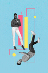 Banner vertical art collage of happy business partners girl guy freelancer receive chart...