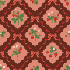 Red wild strawberry coquette ribbon bow trellis checkered seamless pattern Damask Rhombus Background