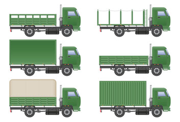 Green trucks with various cargo beds showcase versatility for transportation in different configurations, demonstrating logistical solutions.