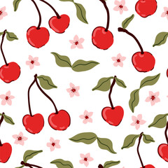 Ripe cherry seamless fruit pattern, red berries, green leaves, flowers texture, coquette core