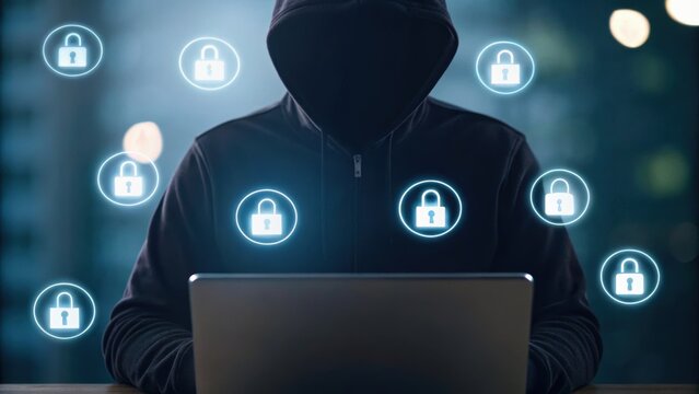 A hooded figure sits at a laptop surrounded by floating lock icons, symbolizing cybersecurity and digital privacy. - Powered by Adobe