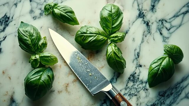 Fresh green basil leaves with knife on marble surface, cooking ingredient. Food preparation, top view, healthy herbs and organic raw food.