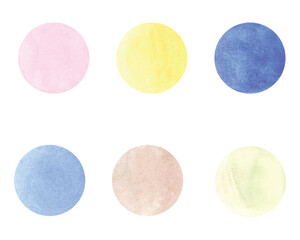 Watercolor circles in soft pastel colors. Six watercolor circles displayed on a white background. Colors include pink, yellow, and blue.