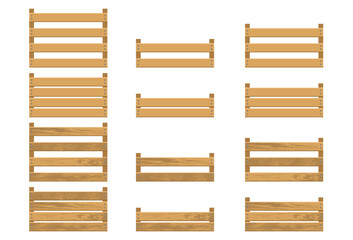 Vector illustration showcases an assortment of wooden crates, each varying in size and slat quantity, set against a clean white background.