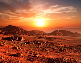Fototapeta premium Dramatic desert sunset over rugged mountains
