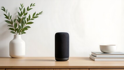 Fototapeta premium Modern Smart Speaker on a Light Wood Table with Greenery