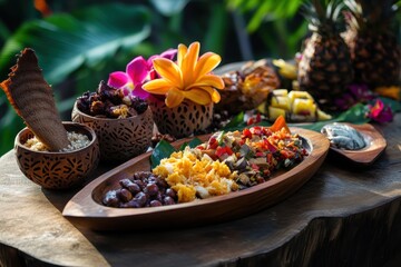Cultural Hawaii. Daytime Hawaiian Ulu Paiai Board with Colorful and Brown Tones