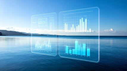 Ocean Data Visualization: Financial Charts Overlayed on a Serene Blue Seascape - Powered by Adobe