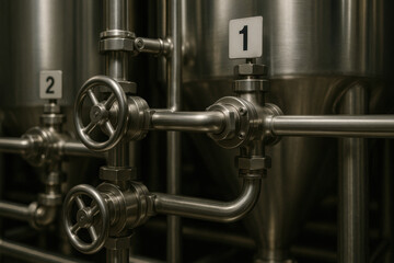 Fototapeta premium Industrial brewery equipment with numbered stainless steel pipes and valves