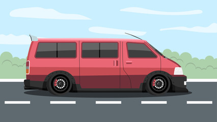 vector flat color side view of sport racing speed street van car vehicle on street