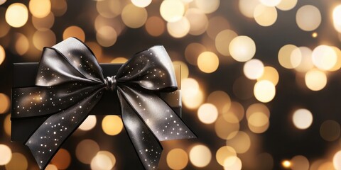 Cyber Monday Ribbon. Black Friday Sale on Gift Card Label with Ribbon Bow and Bright Lights Background