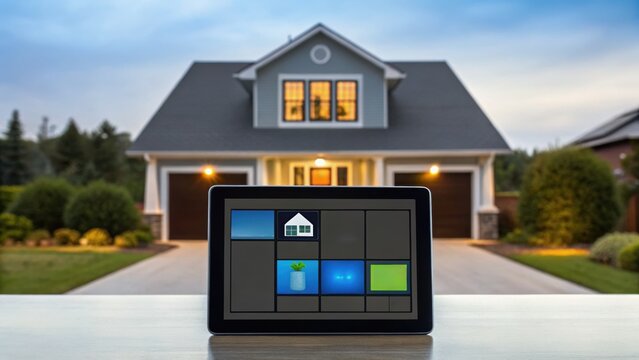 A tablet displays smart home controls in front of a modern house with a well-maintained yard at dusk. - Powered by Adobe