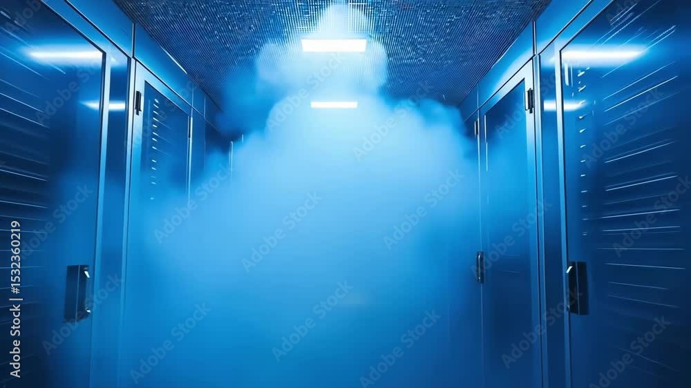 Poster server room with data center servers and smoke. technology infrastructure with cooling, data and it 