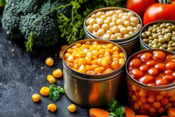 Corn Stock. Canned Corn and Vegetables in Tin Cans on Black Background