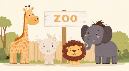 Obraz premium Adorable Cartoon Animals at the Zoo Giraffe, Elephant, Lion, and Lamb Illustration