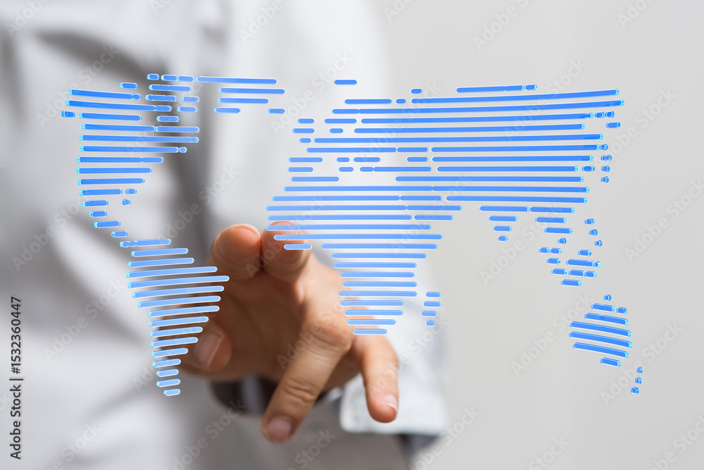 Aufkleber Hand interacting with a digital world map, representing global connectivity and networking.