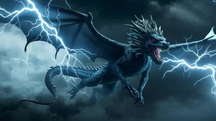A dragon with wings outstretched amidst a storm of lightning and dark cloudy sky background video - Powered by Adobe