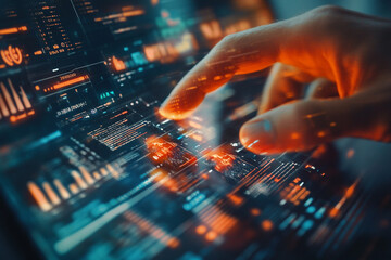 Finger interacting with digital data screen showing graphs charts and code