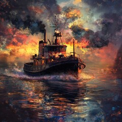 Steam tugboat at sunset, dramatic sky