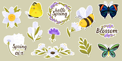 Spring and summer flowers with bees, butterflies, dragonflies, quotes and lettering. Flat icon set with characters. Vector illustration collection for stickers, website, banner, print, landing page