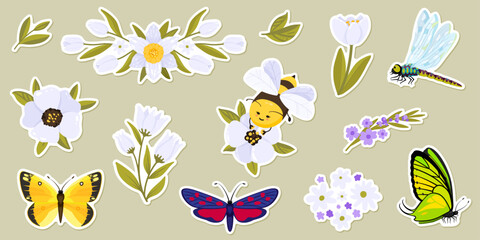 Spring and summer flowers with bees, butterflies, dragonflies, quotes and lettering. Flat icon set with characters. Vector illustration collection for stickers, website, banner, print