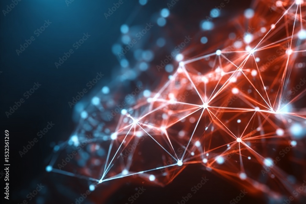Poster abstract polygonal design with red dots and lines illustrating innovative data connections on black