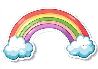 Cheerful Cartoon Rainbow with Smiling Clouds on White Background