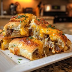 Deliciously baked stuffed rolls with melted cheese and savory filling on a white plate